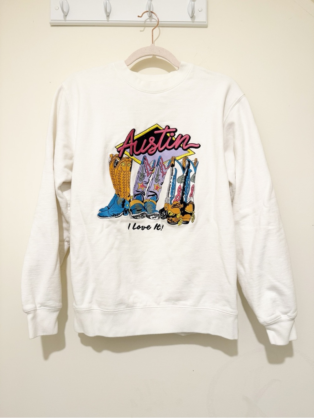 Brandy Melville White Austin Graphic Crewneck with Colorful Boot Print